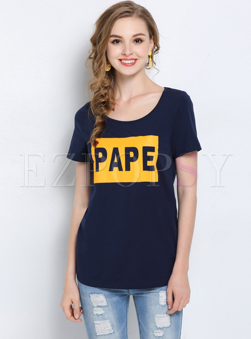 Blue Letter Print Short Sleeve T-shirt